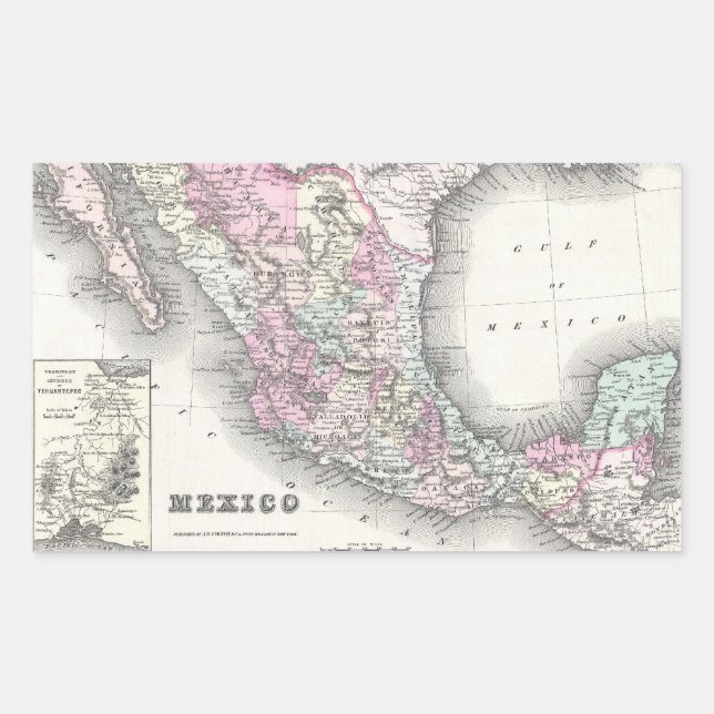 Pegatina Rectangular Mapa del vintage de México (1855) (Anverso)