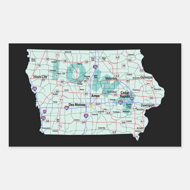 Pegatina Rectangular Mapa Interestatal De Iowa (Anverso)
