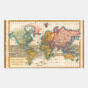 Pegatina Rectangular Mapa Mundial 1780 Planisferio Antiguo de Bonne