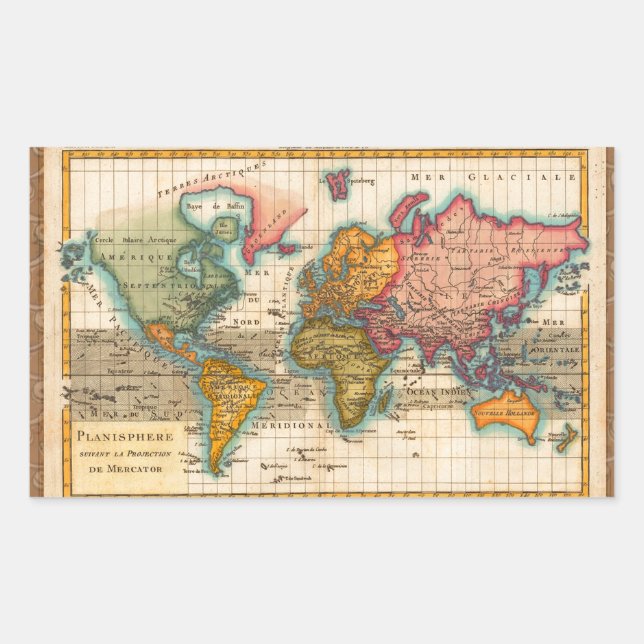 Pegatina Rectangular Mapa Mundial 1780 Planisferio Antiguo de Bonne (Anverso)