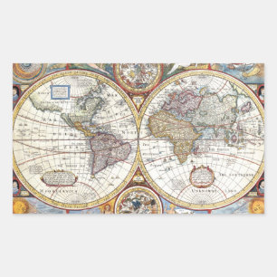 Pegatina Rectangular Mapa Mundial del Hemisferio Doble del Siglo XVII