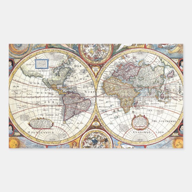 Pegatina Rectangular Mapa Mundial del Hemisferio Doble del Siglo XVII (Anverso)