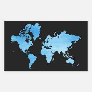 Pegatina Rectangular Mapa Mundial Minimalista de Acuarela en Azul