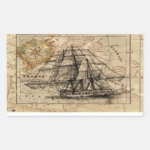 Pegatina Rectangular Mapa y barco del antiguo general de Francia