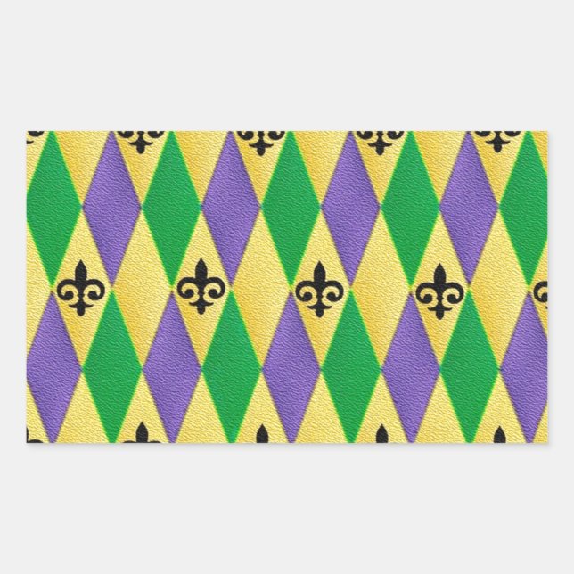 Pegatina Rectangular Mardi Gras Harlequin Fleur De Lis (Anverso)