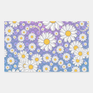 Pegatina Rectangular Margaritas Blancas Lindas sobre Fondo Azul Púrpura