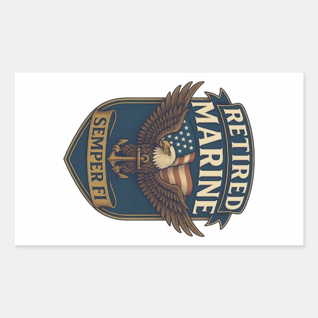 Pegatina Rectangular Marine Semper Fi retirado sobre águila y bandera (Anverso)