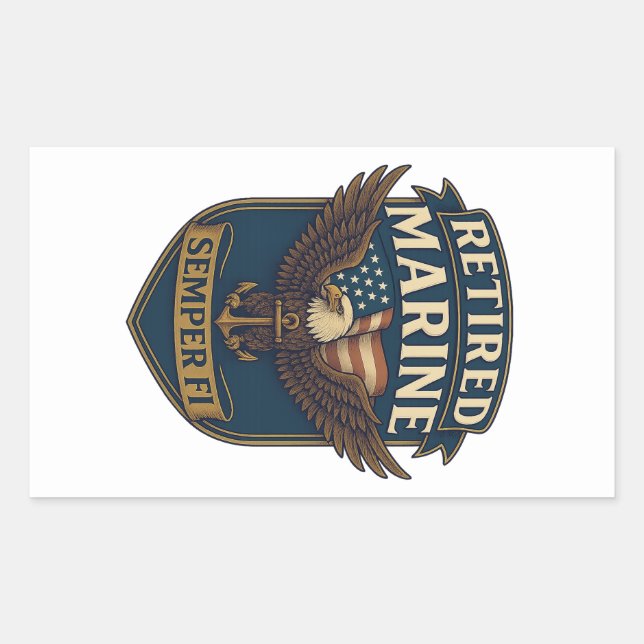 Pegatina Rectangular Marine Semper Fi retirado sobre águila y bandera (Anverso)