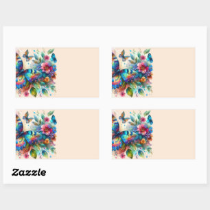 Pegatina Rectangular Mariposa acuarela Flores Florales Rosa Azul