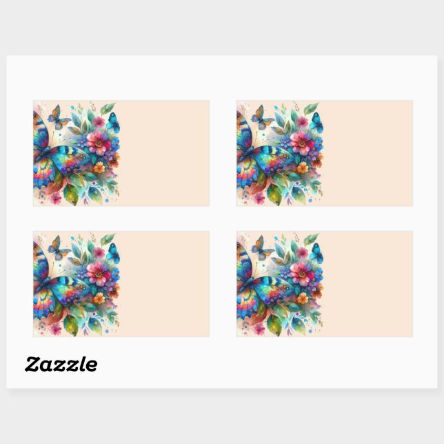 Pegatina Rectangular Mariposa acuarela Flores Florales Rosa Azul (Hoja)