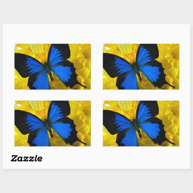 Pegatina Rectangular Mariposa azul en daffodis (Hoja)