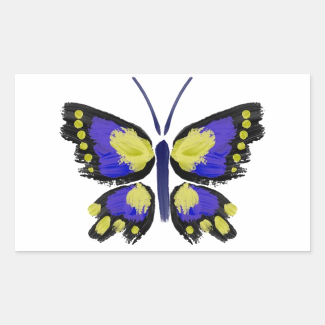 Pegatina Rectangular Mariposa azul y amarilla (Anverso)