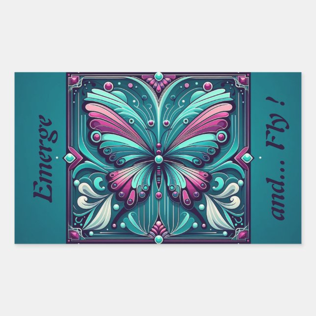 Pegatina Rectangular Mariposa Cuadrada Verde Azul y Púrpura (Anverso)