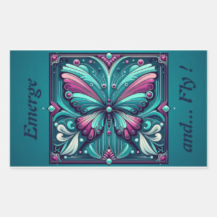 Pegatina Rectangular Mariposa Cuadrada Verde Azul y Púrpura