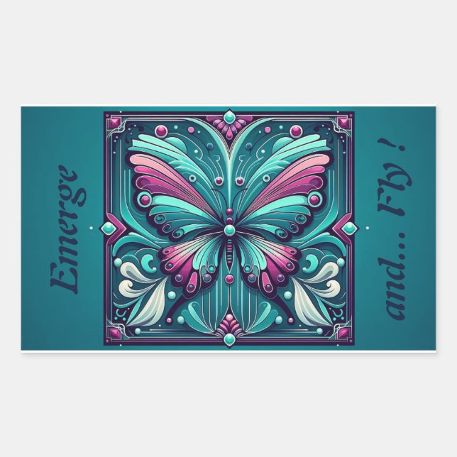 Pegatina Rectangular Mariposa Cuadrada Verde Azul y Púrpura (Anverso)