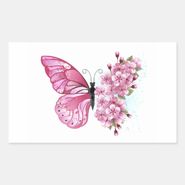 Pegatina Rectangular Mariposa de flores con Sakura rosa (Anverso)