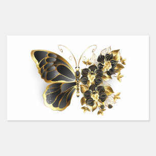 Pegatina Rectangular Mariposa de flores de oro con orquídea negra