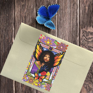 Pegatina Rectangular Mariposa Monarca Hada Flor Púrpura