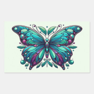Pegatina Rectangular Mariposa Verde Azul & Púrpura 4
