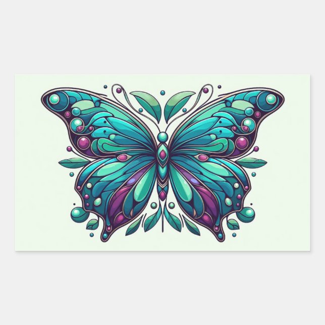 Pegatina Rectangular Mariposa Verde Azul & Púrpura 4 (Anverso)