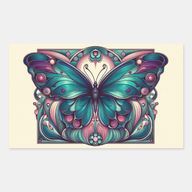 Pegatina Rectangular Mariposa Verde Azul & Púrpura 5 (Anverso)