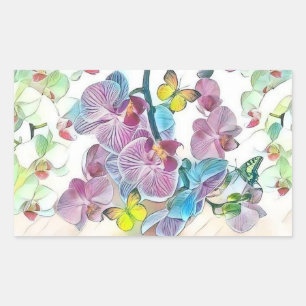 Pegatina Rectangular Mariposas de flores de orquídeas coloradas rosa ac