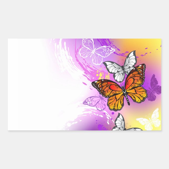 Pegatina Rectangular Mariposas monarcas en fondo morado (Anverso)