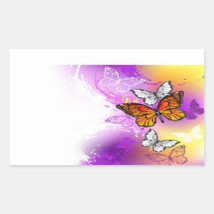 Pegatina Rectangular Mariposas monarcas en fondo morado