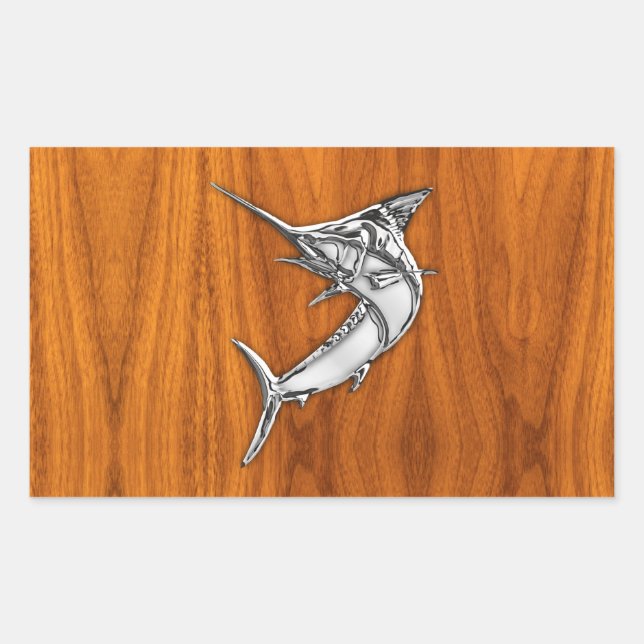 Pegatina Rectangular Marlin cromado en madera de teca (Anverso)
