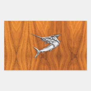 Pegatina Rectangular Marlin cromado en madera de teca