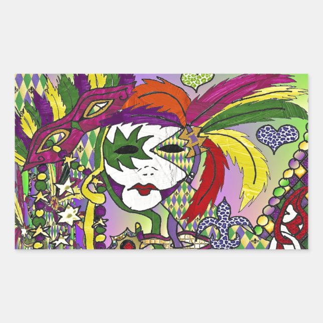 Pegatina Rectangular Máscara de plumas de Mardi Gras psicodélico (Anverso)