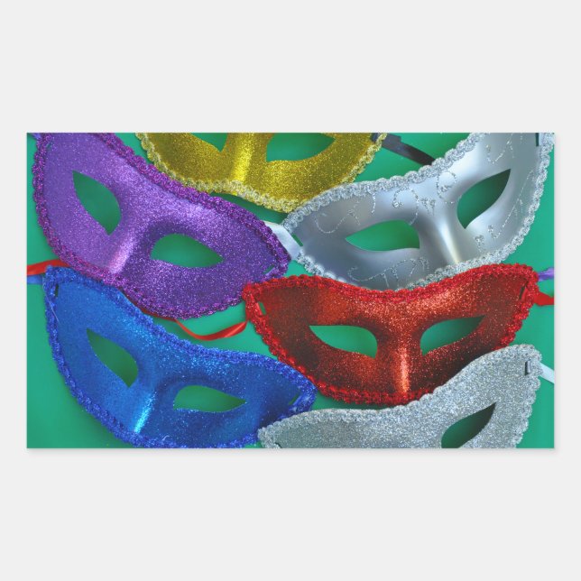 Pegatina Rectangular Mascarillas purpurinas coloridas (Anverso)