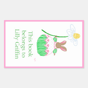 Pegatina Rectangular Matrícula de conejo de rayas rosadas y verdes