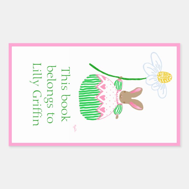 Pegatina Rectangular Matrícula de conejo de rayas rosadas y verdes (Anverso)