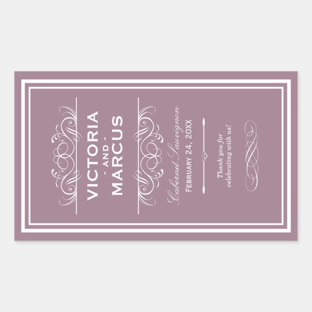 Pegatina Rectangular Mauve Elegant Wedding Monograma Botella de vino (Anverso)