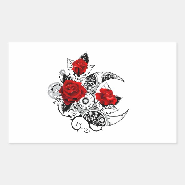 Pegatina Rectangular Media luna mecánica con rosas rojas (Anverso)