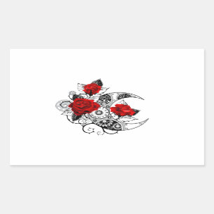 Pegatina Rectangular Media luna mecánica con rosas rojas