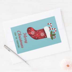 Pegatina Rectangular Medias de Navidad Rojas en Azul con Texto Personal