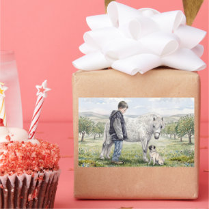 Pegatina Rectangular Mejores amigos: niño con pony y perro en una huert