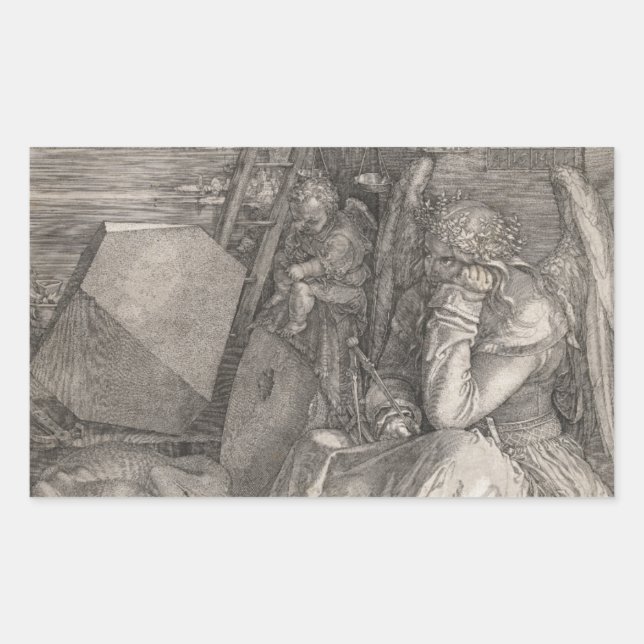 Pegatina Rectangular Melancholia I, grabada por Albrecht Durer (Anverso)