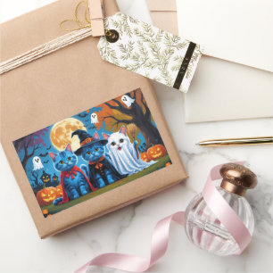 Pegatina Rectangular Melancolía de gatos azules oriental Halloween Funn