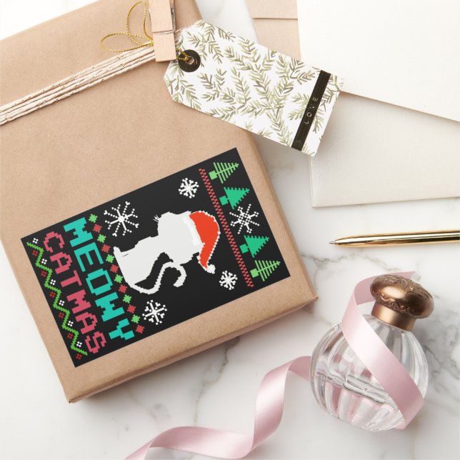 Pegatina Rectangular Meowy Catmas Navidades Santa Cat Un suéter fea (Regalar)