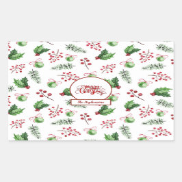 Pegatina Rectangular Merry Christmas Balls Holly Berries Pine Monograma