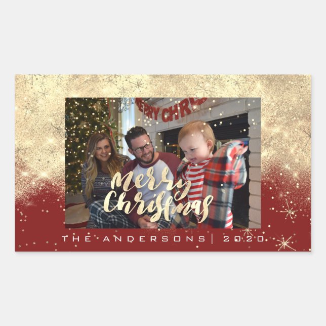 Pegatina Rectangular Merry Christmas Gold Red Stars Spark Photo Name (Anverso)