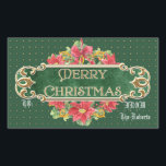 Pegatina Rectangular Merry Christmas Gold Swirl Poinsettia Wreath Jewel<br><div class="desc">PARA ESCRIBIR EN ESTOS PEGATINAS DE ETIQUETA DE REGALO: Utilice un marcador de punto fino o un marcador de tipo de pintura decorativa. La pluma regular no funciona debido a la superficie brillante. El diseño: Audrey Jeanne Roberts pintó esta hermosa acuarela a mano. La cubierta frontal tiene un fondo verde...</div>