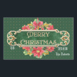 Pegatina Rectangular Merry Christmas Gold Swirl Poinsettia Wreath Jewel<br><div class="desc">PARA ESCRIBIR EN ESTOS PEGATINAS DE ETIQUETA DE REGALO: Utilice un marcador de punto fino o un marcador de tipo de pintura decorativa. La pluma regular no funciona debido a la superficie brillante. El diseño: Audrey Jeanne Roberts pintó esta hermosa acuarela a mano. La cubierta frontal tiene un fondo verde...</div>