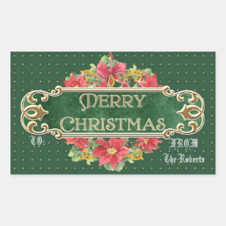 Pegatina Rectangular Merry Christmas Gold Swirl Poinsettia Wreath Jewel