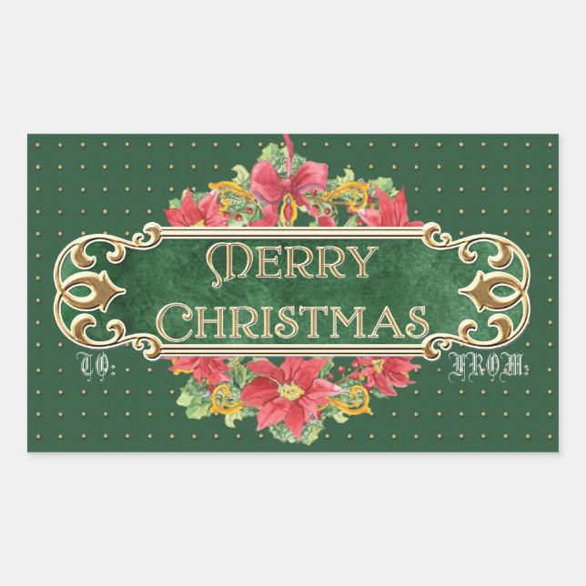 Pegatina Rectangular Merry Christmas Gold Swirl Poinsettia Wreath Jewel (Anverso)