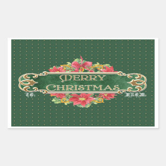 Pegatina Rectangular Merry Christmas Gold Swirl Poinsettia Wreath Jewel