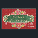 Pegatina Rectangular Merry Christmas Gold Swirl Poinsettia Wreath Jewel<br><div class="desc">PARA ESCRIBIR EN ESTOS PEGATINAS DE ETIQUETA DE REGALO: Utilice un marcador de punto fino o un marcador de tipo de pintura decorativa. La pluma regular no funciona debido a la superficie brillante. El diseño: Audrey Jeanne Roberts pintó esta hermosa acuarela a mano. La cubierta frontal tiene un fondo rojo...</div>